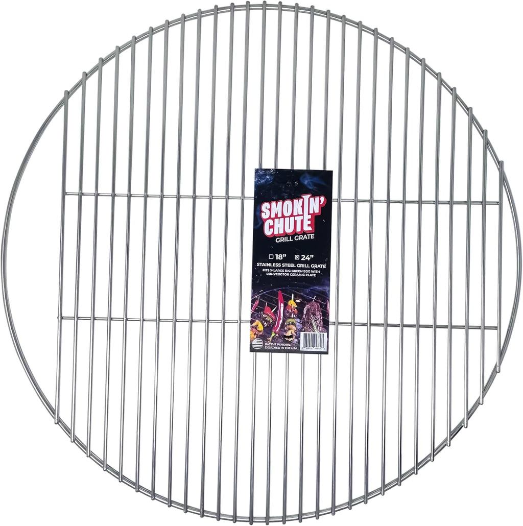 Stainless Steel Grate designed to work with the Smokin’ Chute System. Fits Large Big Green Egg and other 18” diameter grill grates.