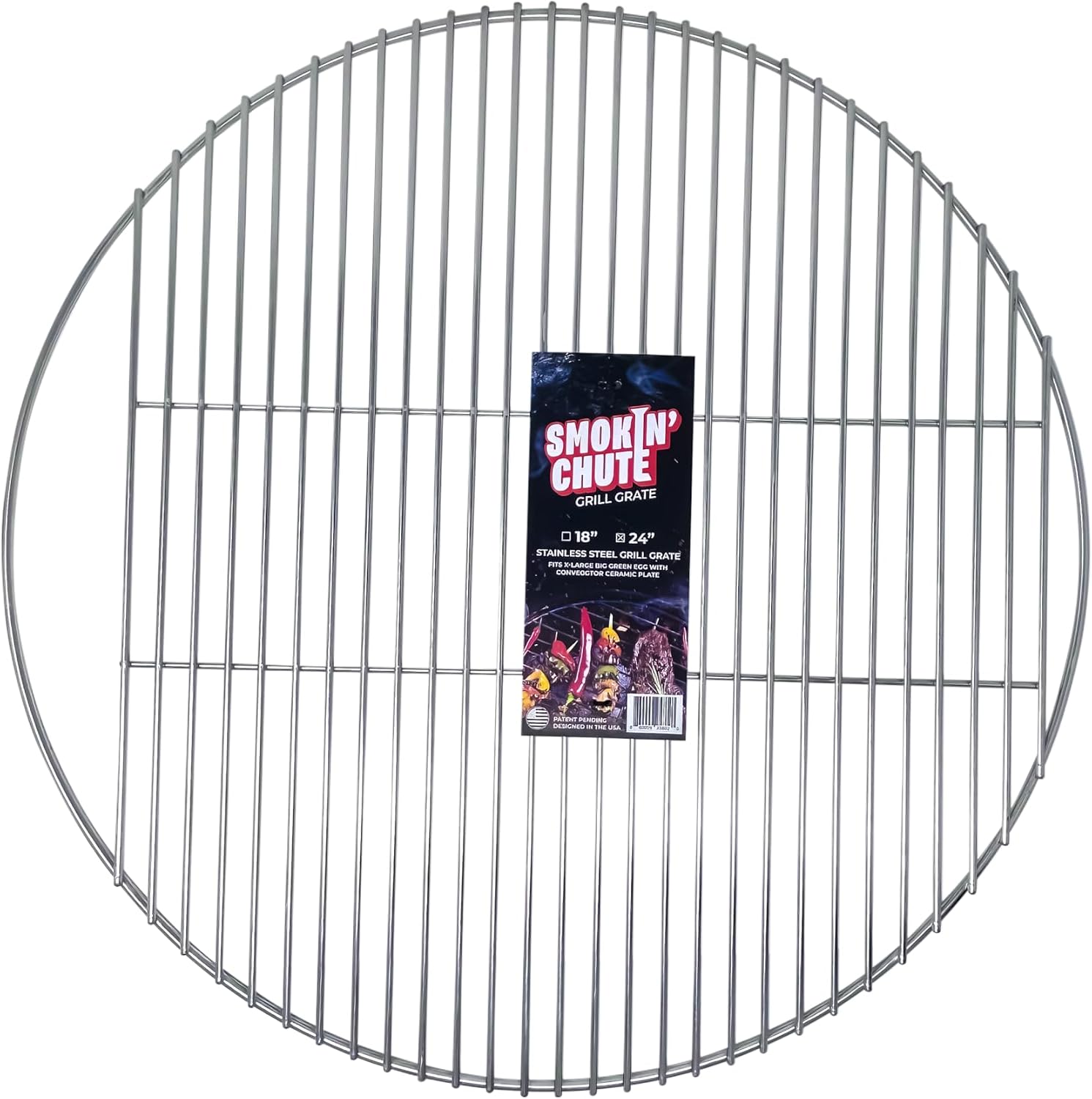 Stainless Steel Grate designed to work with the Smokin’ Chute System. Fits Large Big Green Egg and other 18” diameter grill grates.