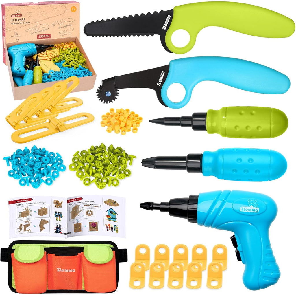 Kids Cardboard Construction Tool Set with Electric Drill & Tool Belt -258PCS, STEM Building Kit for Creative Craft Projects, Educational DIY Engineering Toy for Boys & Girls