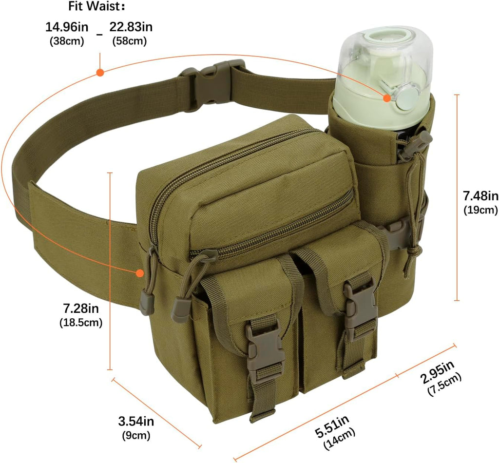 DOB SECHS Hiking Waist Bag with Detachable Water Bottle Holder and Adjustable Waist Belt Oxford Fanny Pack for Men Women Causal Belt Bag for Travel Outdoor Fishing Running Hiking Hunting,Khaki