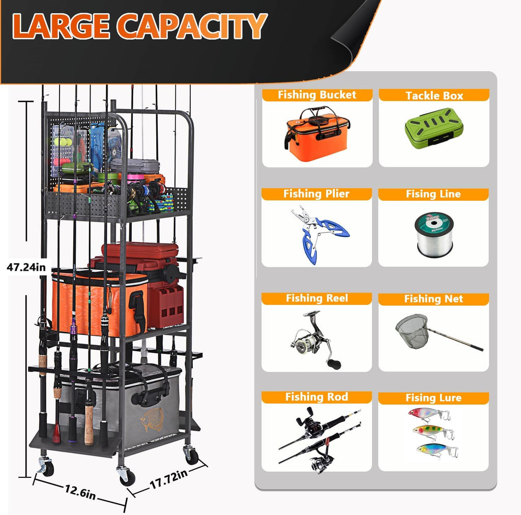 Heavy Duty Fishing Rod Rack, Fishing Organizer for Garage, Fishing Gear Holder for Garage with Movable Wheels