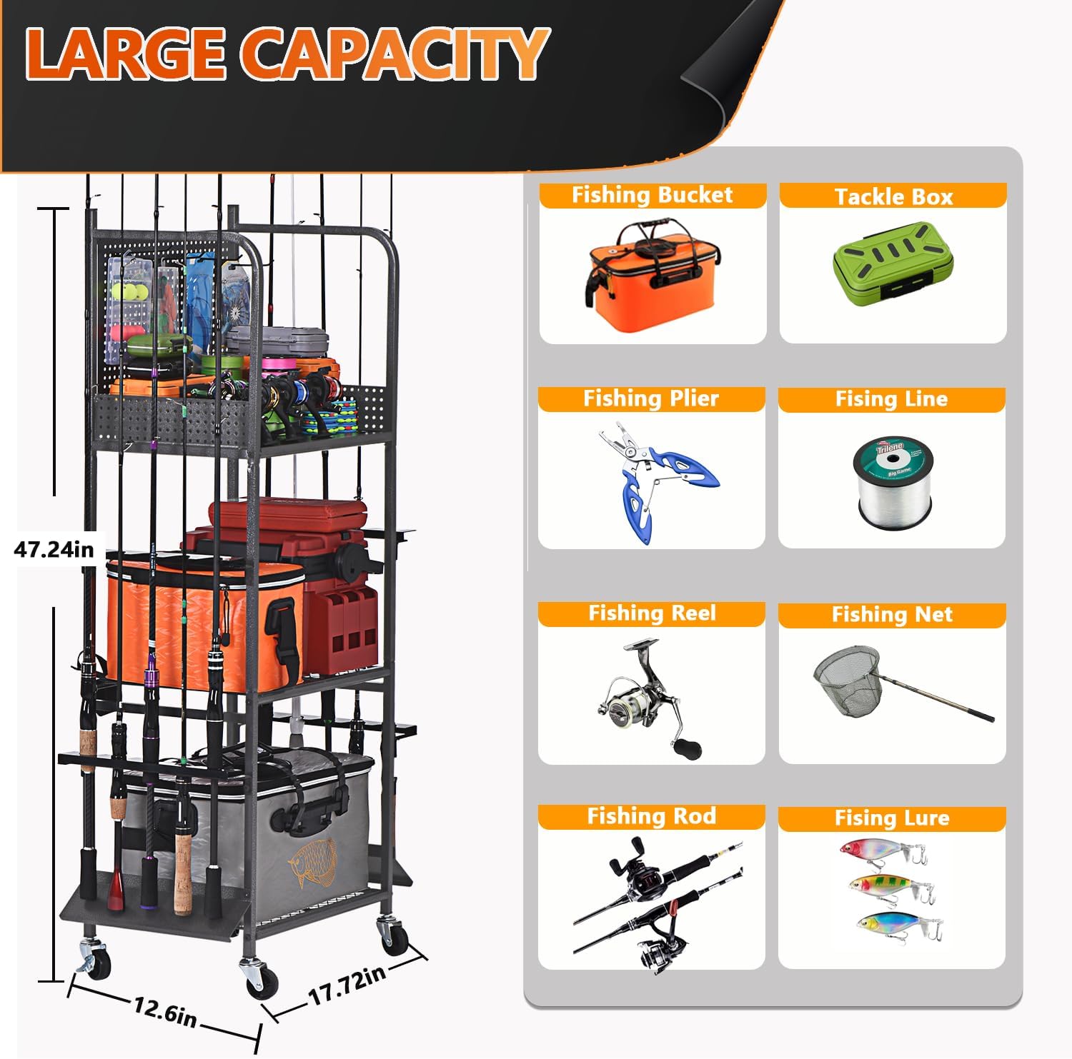 Heavy Duty Fishing Rod Rack, Fishing Organizer for Garage, Fishing Gear Holder for Garage with Movable Wheels