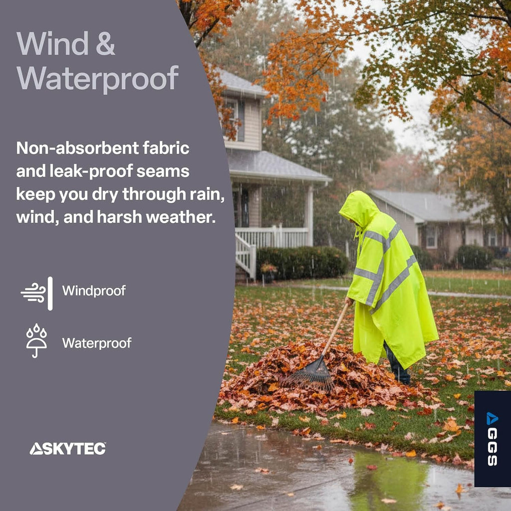GGS Rain Poncho - High Visibility, Reflective, Wind and Waterproof with Drawstring Hood, Rain Gear for Construction, Camping, Fishing, Hiking, One Size