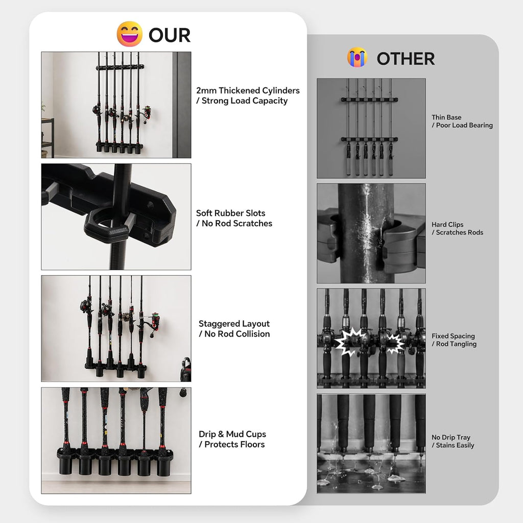 HITORHIKE Heavy Duty Fishing Rod Storage Rack, Wall/Ceiling Mount Vertical Pole Holder, Garage Fishing Pole Organizer for Gifts(Black-1pack)