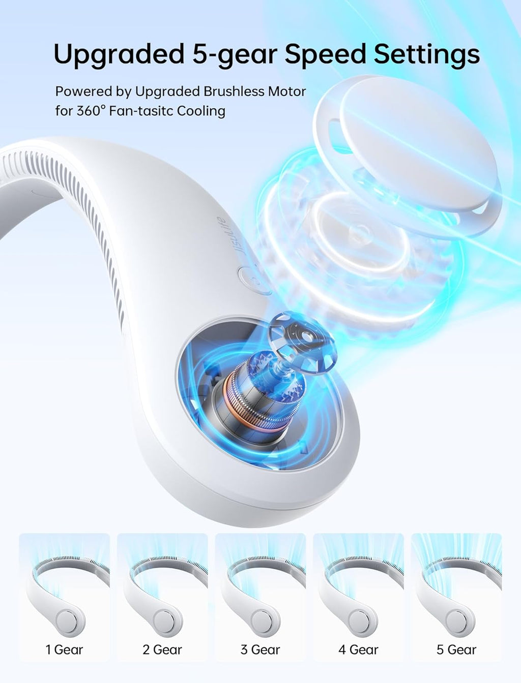 JISULIFE Portable Neck Fan, Hands-Free Bladeless, 5 Speeds, 4000 mAh | Battery Operated Wearable Personal Fan, Twistable, Rechargeable Travel Essentials, Gifts for Women Men-Grey