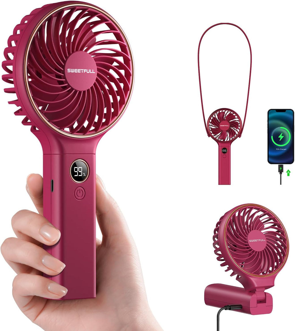 SWEETFULL Handheld Fan, Portable Fan, 5000mAh Rechargeable Battery, 6 Speed Wind, LED Display, Personal Mini Travel Fan with Backup Power, Hand Held Fan USB Foldable Electric Fan for Women Girl