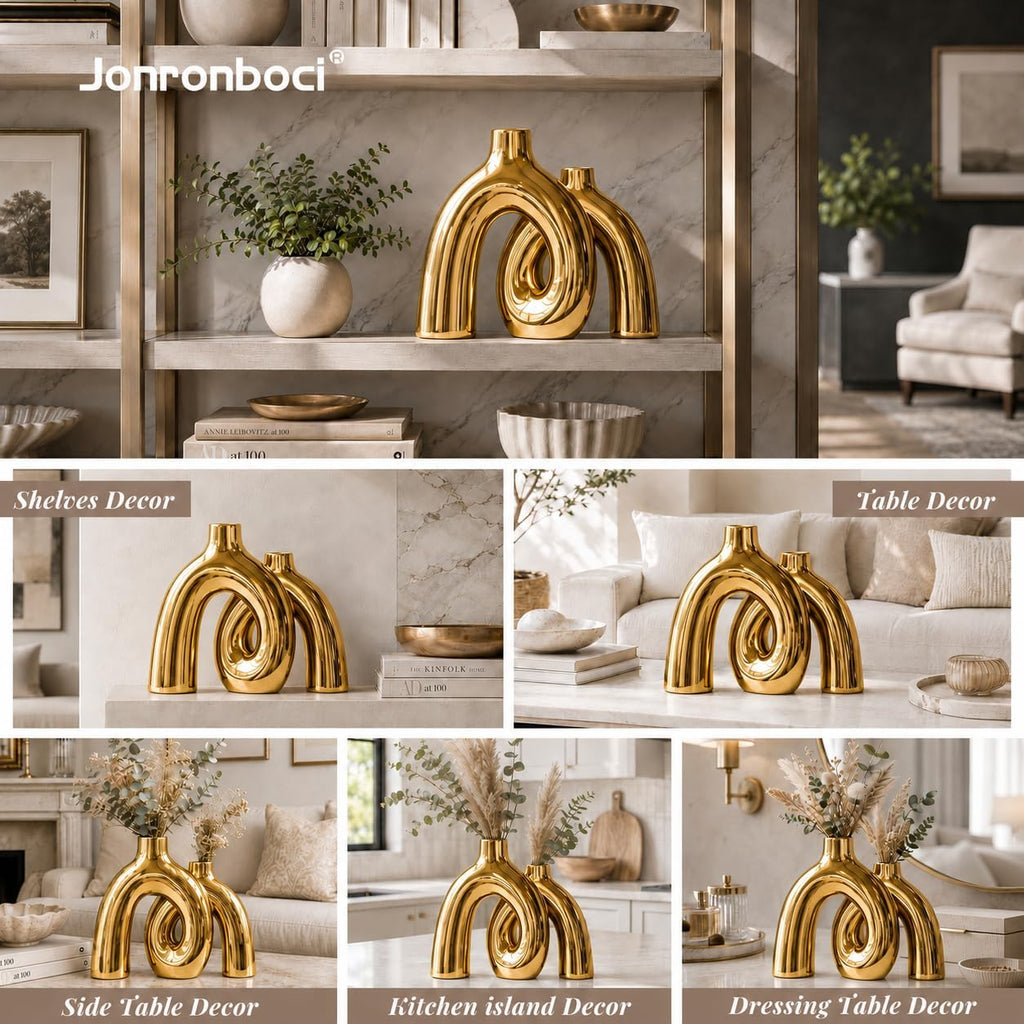 Hug Donut Decorative Vase Set - Golden Modern Classic Transitional Style Vases Home Decor, Matte Ceramic Decorations for Living Room Shelf, Bookshelf Mantle Entryway Table or Console Décor (Gold)