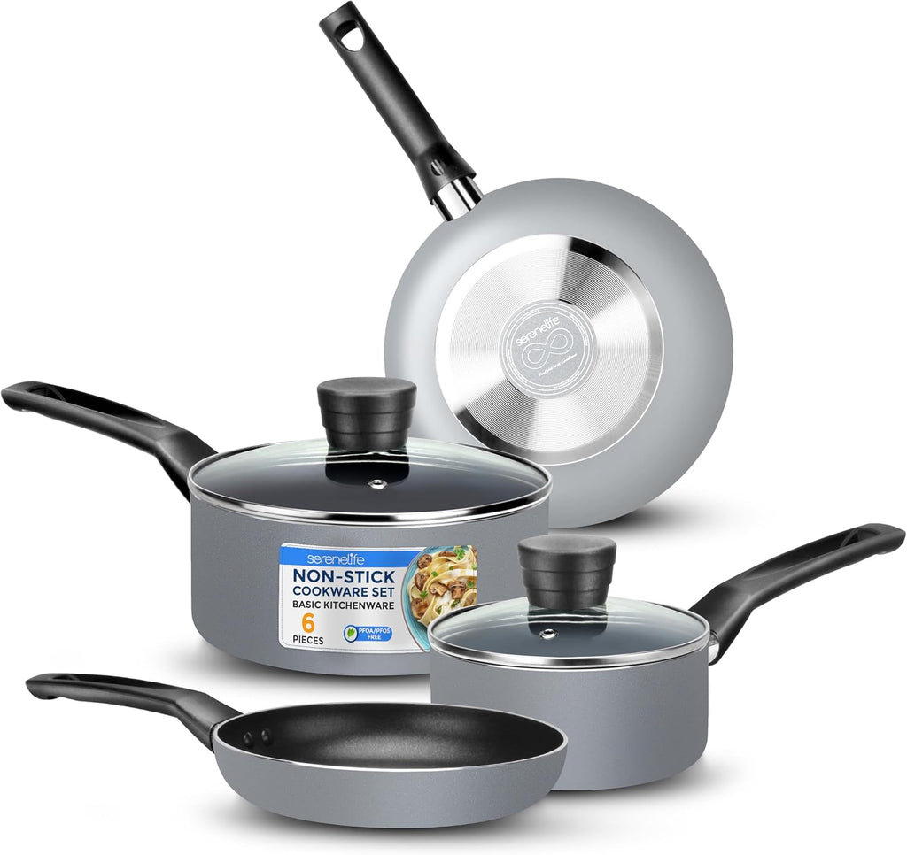 SereneLife Kitchenware Pots and Pans Set, Basic Kitchen Nonstick Cookware Set, Heat Resistant Lacquer (6-Piece Set), One Size, Gray