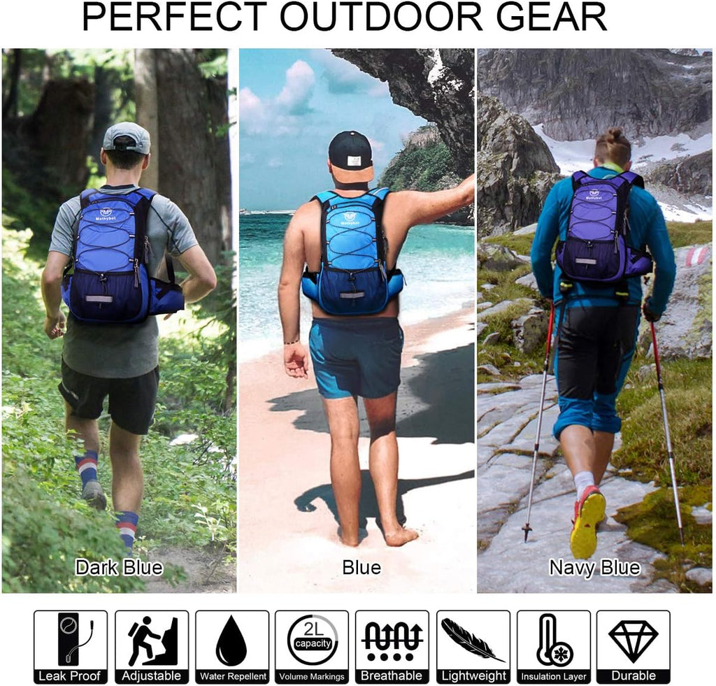 Mothybot Hydration Pack, Insulated Hydration Backpack with 2L BPA Free Water Bladder and Storage, Hiking Backpack for Men, Women, Kids for Running, Cycling, Camping - Keep Liquid Cool up to 5 Hours