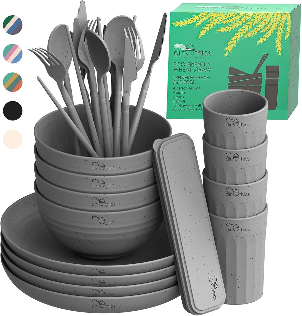 Wheat Straw Dinnerware Sets For 4 - Alternate To Black Plastic Dishes - Dishwasher Microwave Safe Plates And Bowls Sets - Unbreakable Wheat Straw Plates And Bowls - Camping Dishes