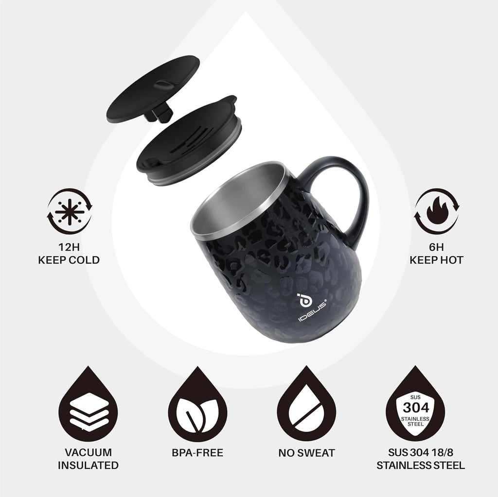 Ideus 16 oz Insulated Coffee Mug with Lid and Handle (Leopard Black)