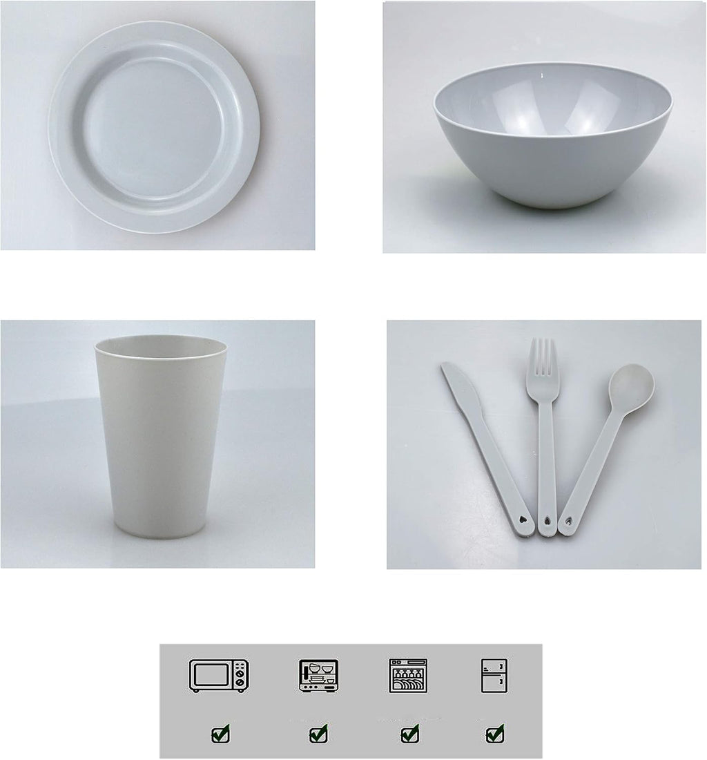 Plastic Plates and Bowls Sets,College Dorm Room Essentials Dishes Set Camping Plates,Dinnerware Accessories Mess Kit-Microwaveoven Safe BPA-Free with Mesh Bag-24PCS