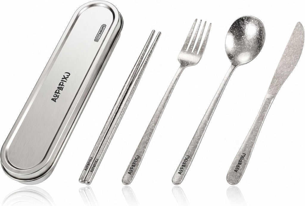 100% Pure Titanium Cutlery Set, Snowflake Pattern Titanium Tableware with 304 Stainless Steel Case & Silicone Holder, Ultralight Portable Utensils with Bonus Carry Bag for Camping