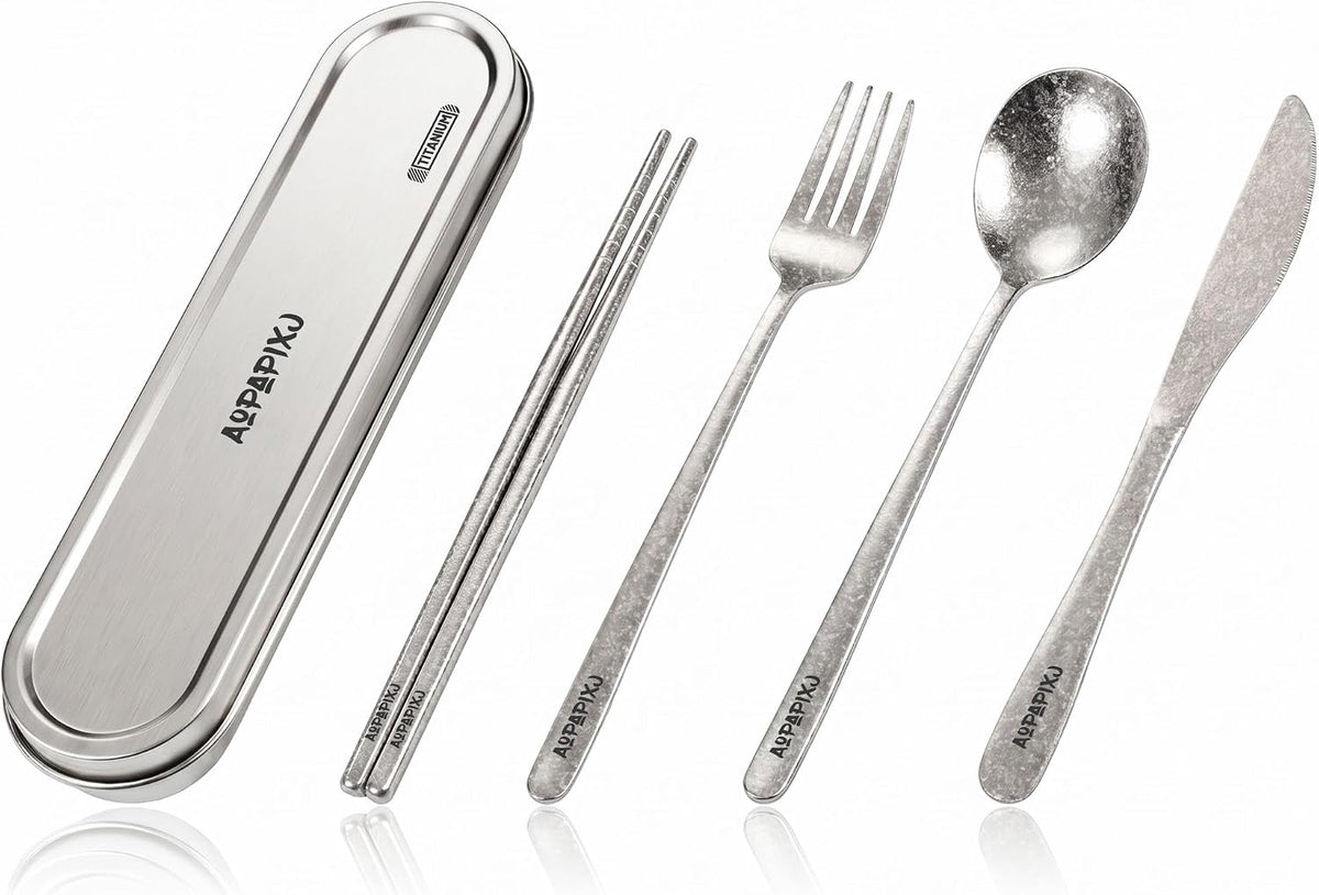 100% Pure Titanium Cutlery Set, Snowflake Pattern Titanium Tableware with 304 Stainless Steel Case & Silicone Holder, Ultralight Portable Utensils with Bonus Carry Bag for Camping