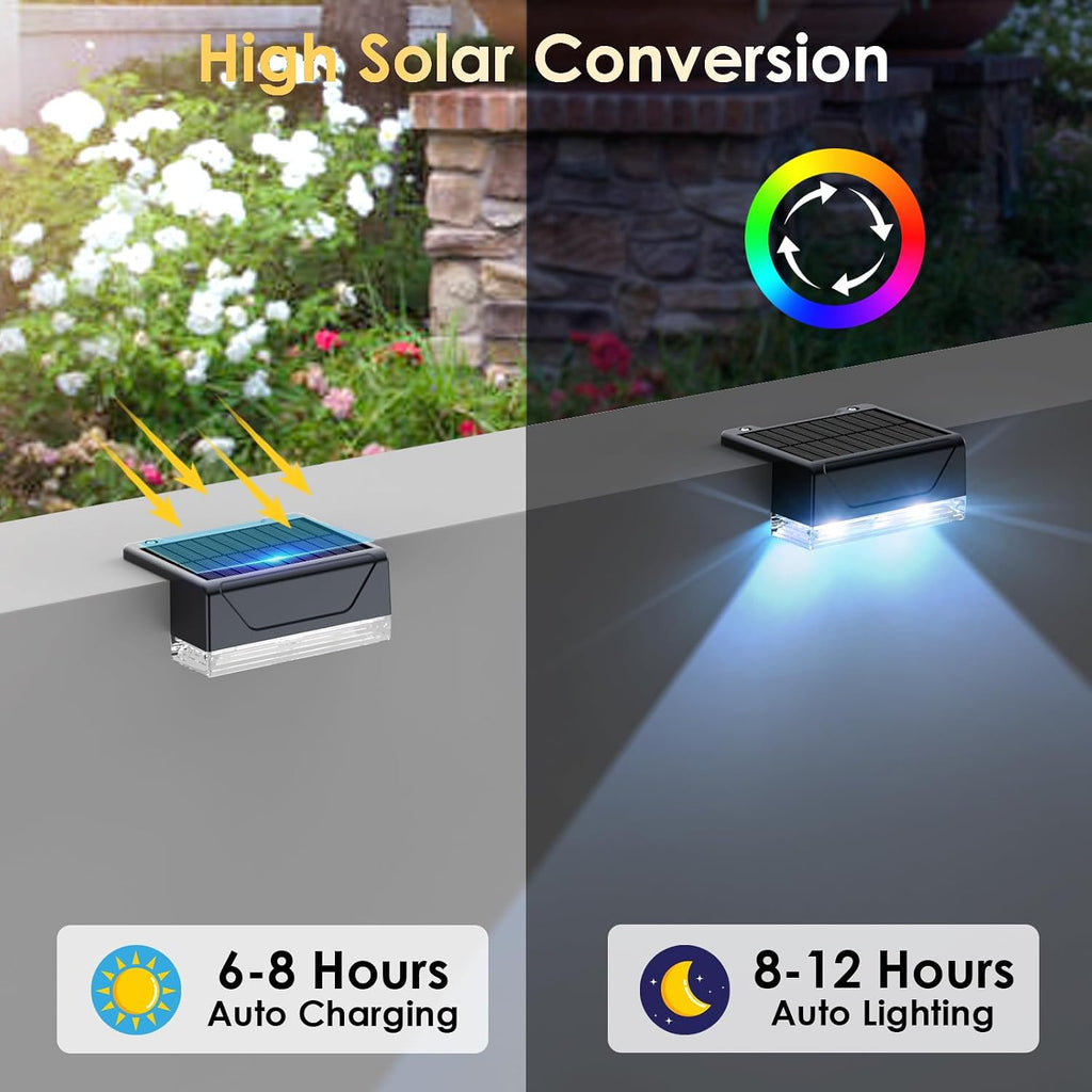 LIANGLOME 8PK Solar Fence Lights Outdoor - Warm White & RGB 6 Color, Dusk to Dawn Deck Light, IP65 Waterproof Garden Lights for Outside/Backyard/Railing/Step/Patio/Wall