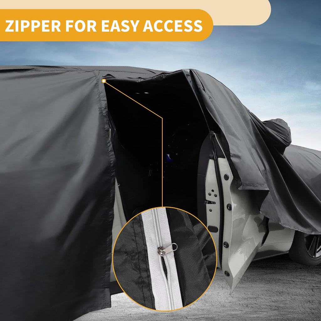 Waterproof All-Weather Universal Car Cover with Right Side Zipper, 210D-PU Black Blue Fits for Sedan 185" to 192" Length