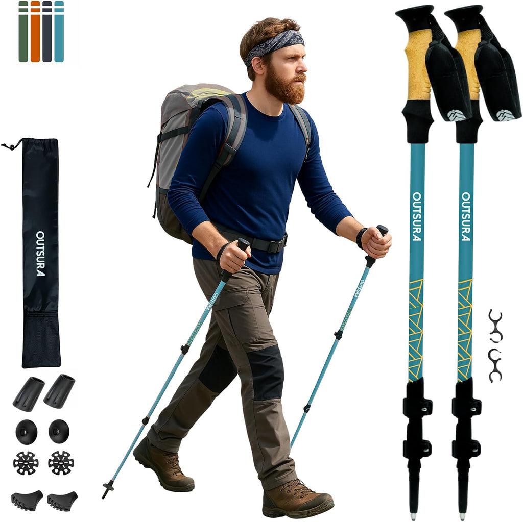 Outsura Trekking Poles for Hiking Collapsible Lightweight Aircraft Graded Aluminum Hiking Poles with Cork Grip & Quick Lock, Pair of 2 Walking Sticks for Seniors Trail & Backpacking