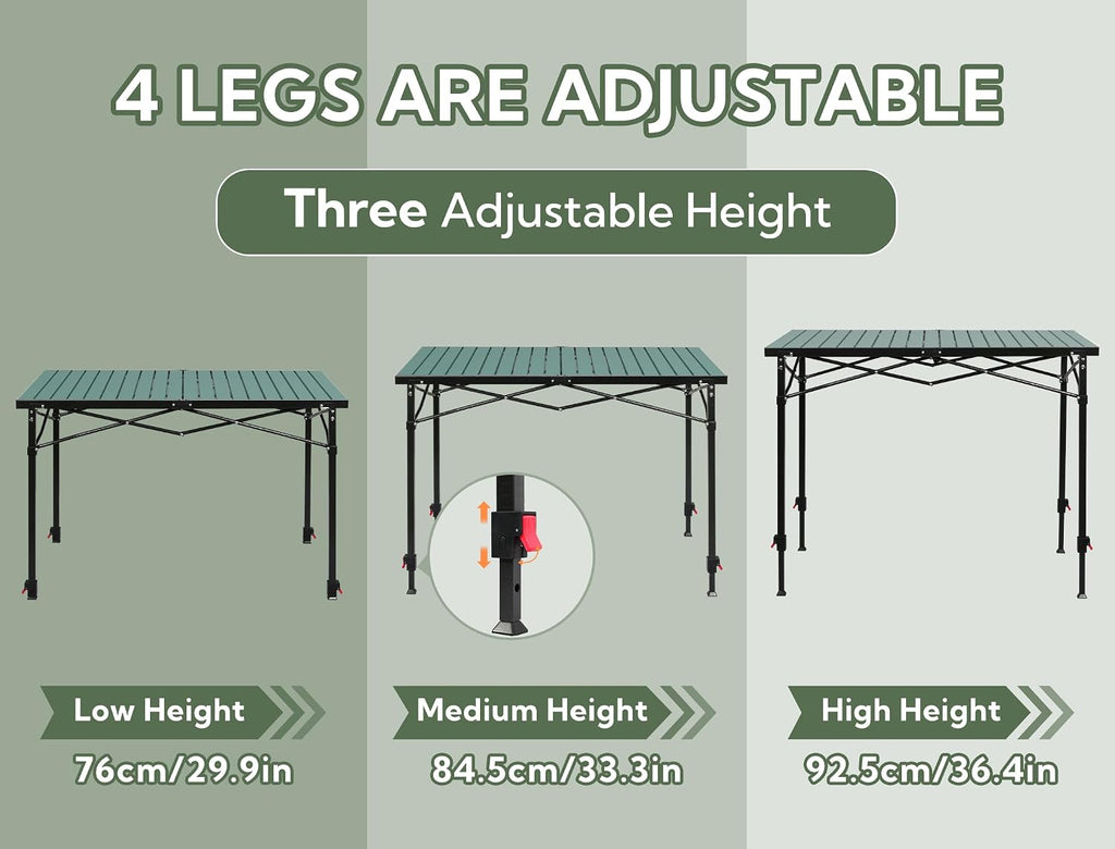 Portable Outdoor Adjustable Height Camping Table, Large for 2-6 Person
