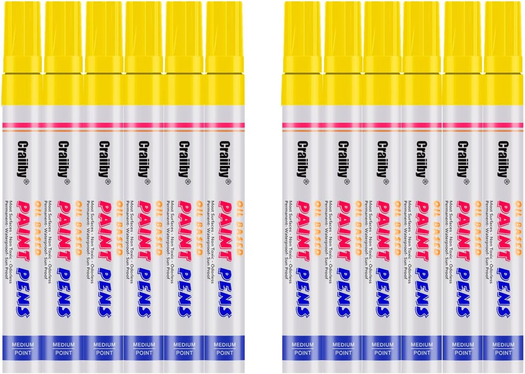 Yellow Paint Markers, 12 Pack Oil-Based Waterproof Quick Dry Permanent Paint Pen Set for Rocks Painting, Wood, Fabric, Plastic, Canvas, Glass, Mugs, Metal, Tire, Stone, DIY Craft