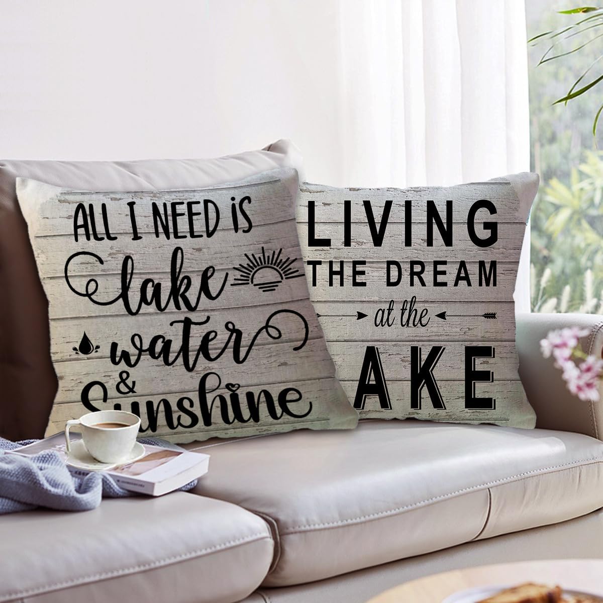 Lake Camper Throw Pillow Covers 18 x 18 Inch This is Our Happy Place Quote Cushion Covers Bear Woods Sunshine Camping/Cabin Farmhouse Rustic Decorative Pillowcases 4Pack for Sofa Couch Porch