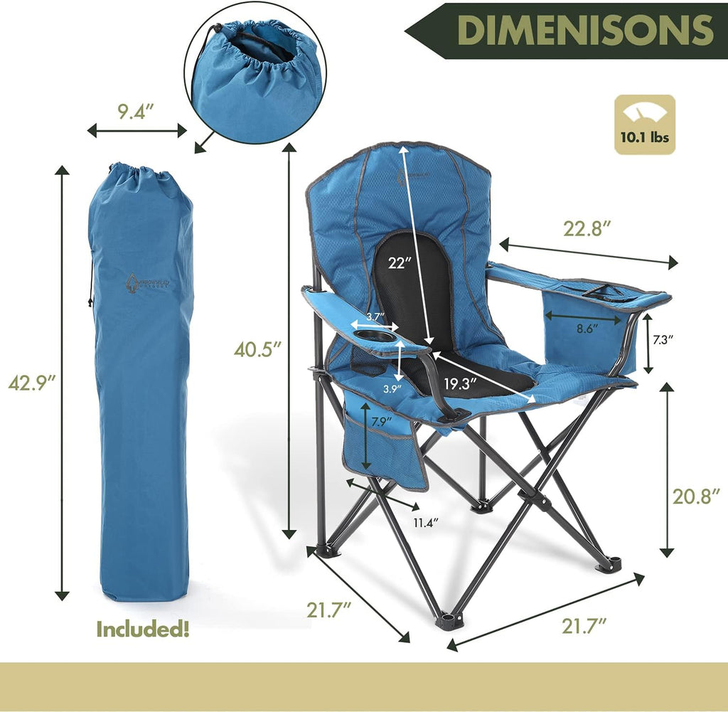 Arrowhead Outdoor Portable Folding Camping Quad Chair w/ 4-Can Cooler, Cup-Holder, Heavy-Duty Carrying Bag w/Easy Carry Shoulder Strap, Padded Armrests, Supports up to 330lbs, USA-Based Support
