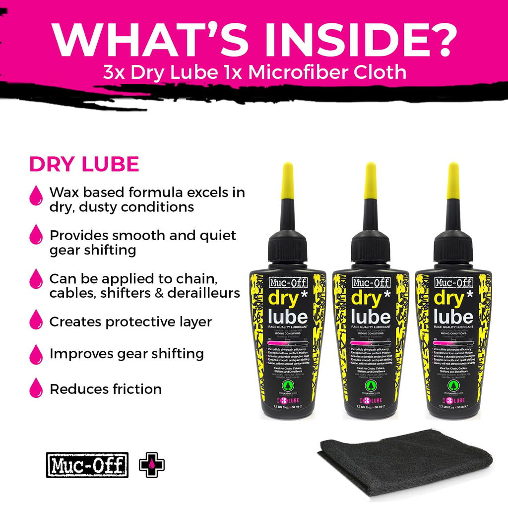 Muc-Off Bio Dry Bike Chain Lube 50ml (Pack of 3) Wax-Based Formula for Smooth Gear Shifts | Creates Protective Layer and Reduces Friction | Pipette System for Easy Application