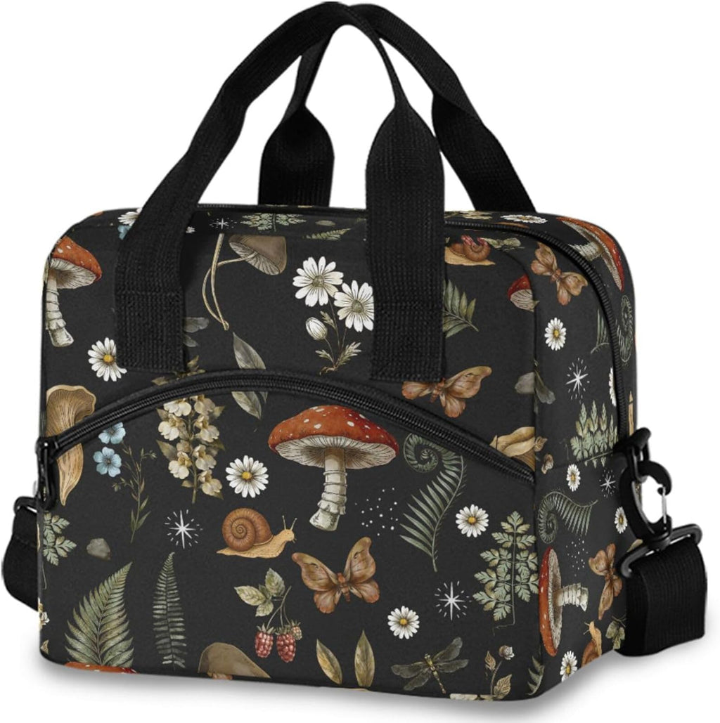 Mushrooms Insulated Lunch Bag, Vintage Flower Butterfly Dragonfly Reusable Cooler Lunch Tote Box with Shoulder Strap for Work Picnic School Beach