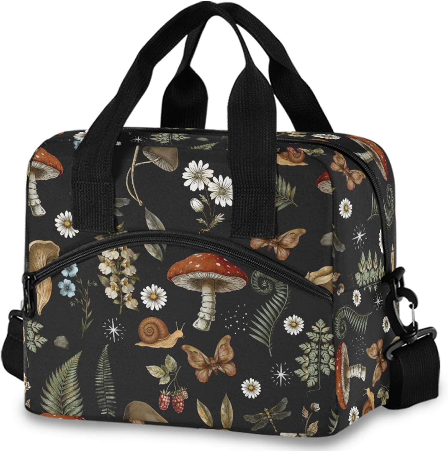 Mushrooms Insulated Lunch Bag, Vintage Flower Butterfly Dragonfly Reusable Cooler Lunch Tote Box with Shoulder Strap for Work Picnic School Beach