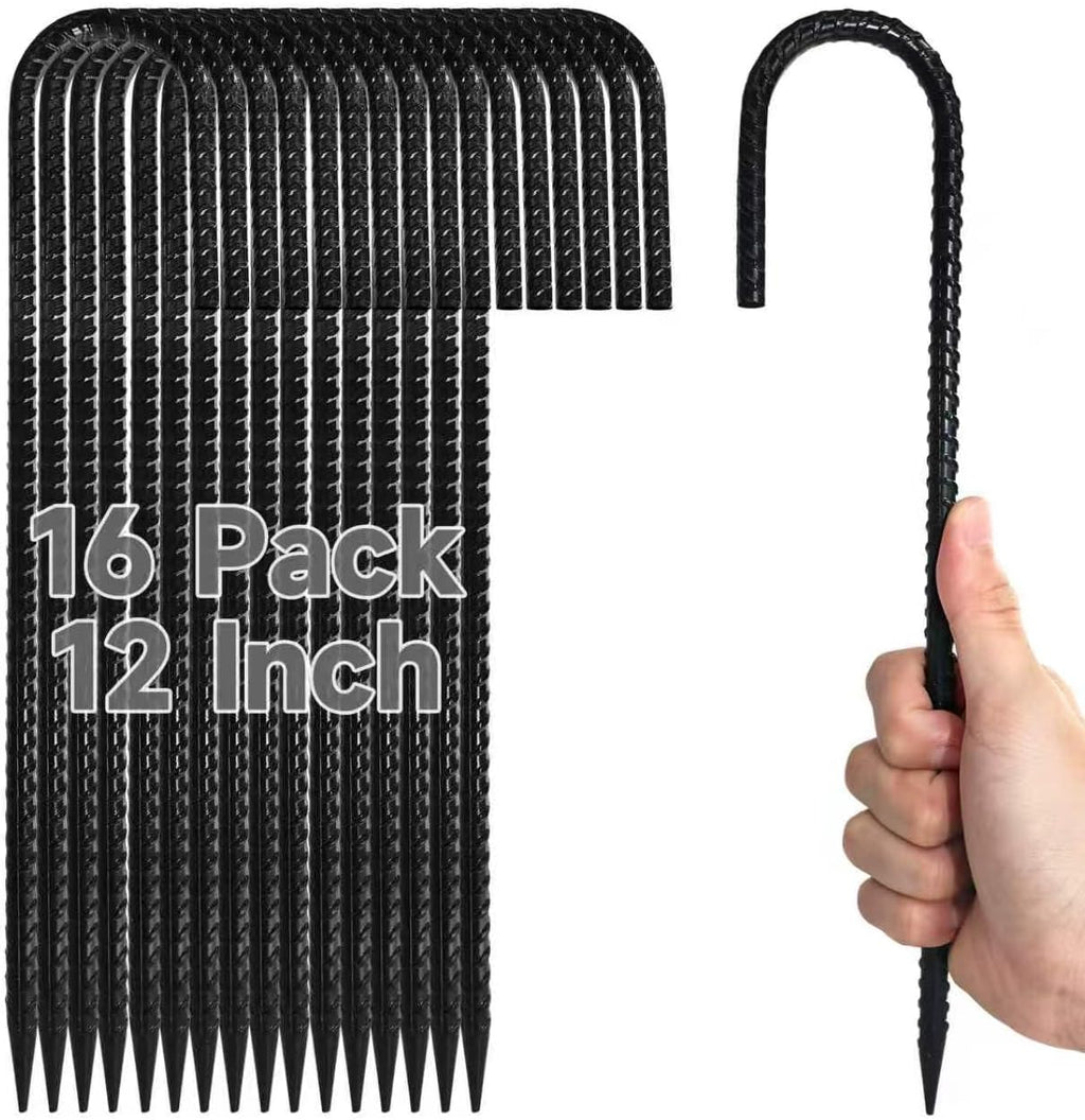 16Piece Tent Stakes Heavy Duty, 12 ’’ Rebar Stakes Ground Anchors High Wind, J Shape Galvanized Steel Trampoline Stakes for Camping Patio, Trampoline, Garden, Canopies, Outdoor (Black, J Shape)