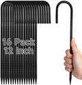 16Piece Tent Stakes Heavy Duty, 12 ’’ Rebar Stakes Ground Anchors High Wind, J Shape Galvanized Steel Trampoline Stakes for Camping Patio, Trampoline, Garden, Canopies, Outdoor (Black, J Shape)