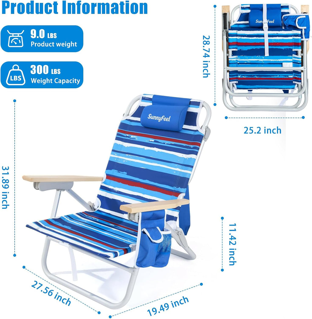 SUNNYFEEL Folding Beach Chair, Aluminum Heavy Duty Beach Chair with 5-Position, Portable Camping Chair for Adult, Low Back, Wood Armrest, Lightweight, 300lbs, Blue Stripe, 2 Pack