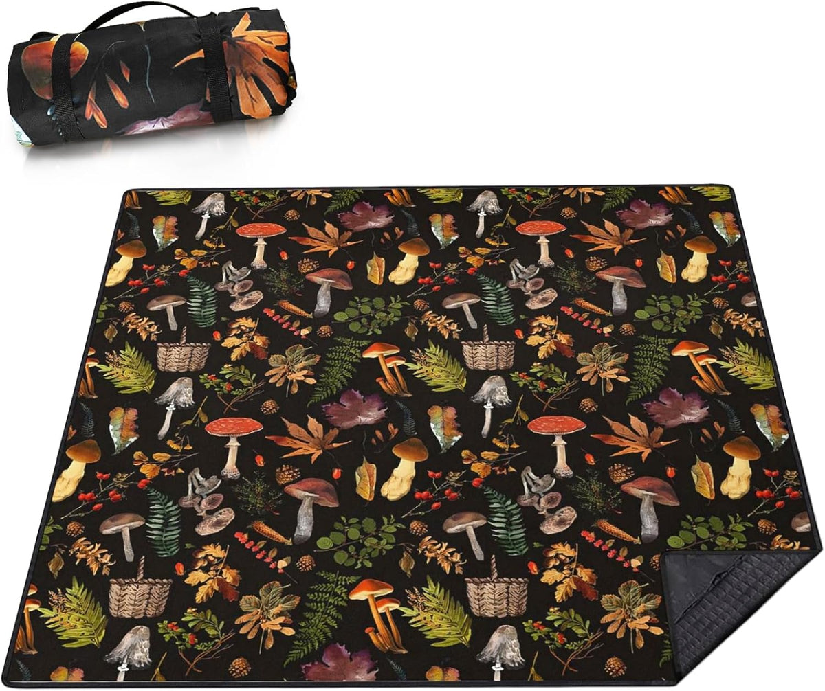 Picnic Blankets Extra Large Waterproof, 80"x 60"Mushroom Beach Mat with Corner Pockets Windproof Sandproof Foldable Portable 3-Layer Mat Darker for Wet Grass,Parks,Music Festival,Camping,Concerts