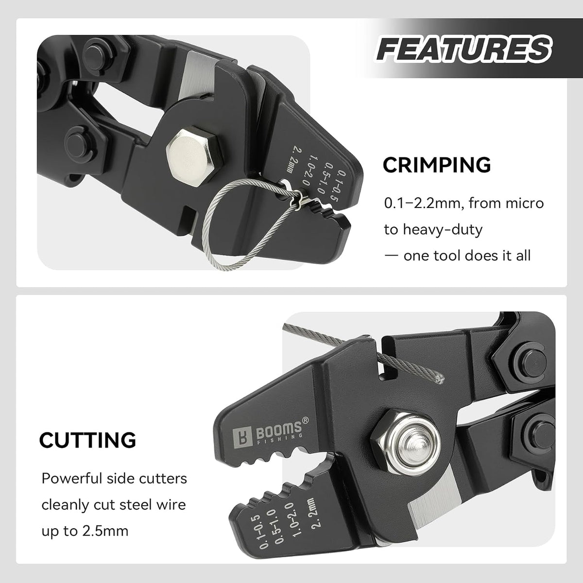 Booms Fishing Crimping Tool Kit: 10.6in Fishing Crimping Pliers with Side Wire Cutters - Up to 2.2mm Crimper, XW40