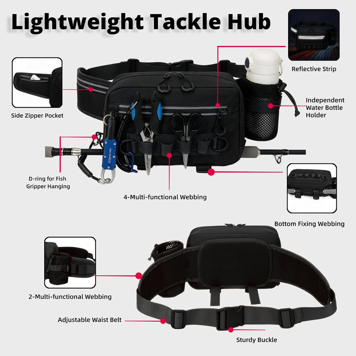 Fishing Waist Pack with Rod Holder, Waterproof Tackle Fanny Pack