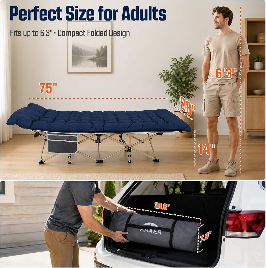 ARAER Camping Cot for Adults, 28in Wide with Mattress (Navy Blue)