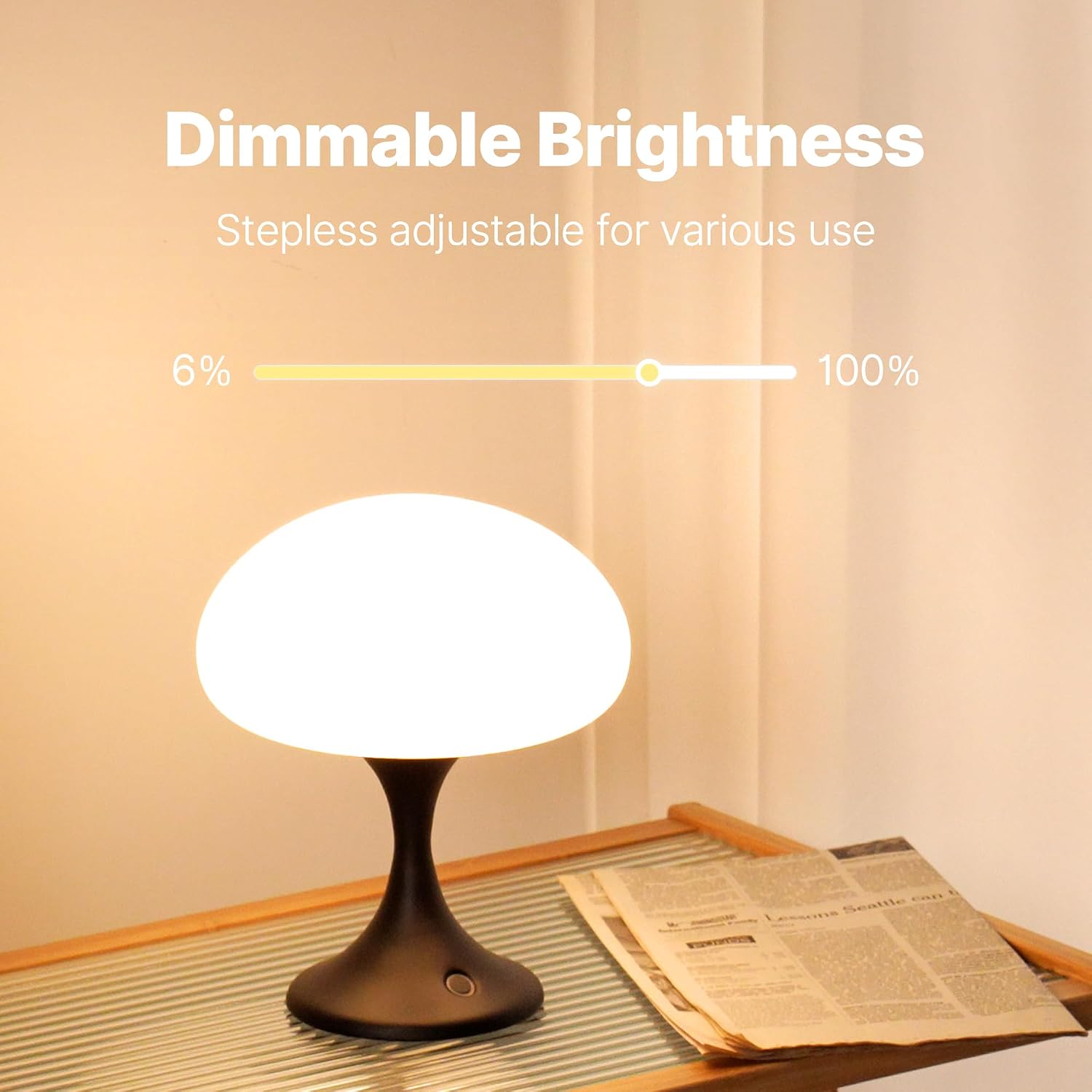 MAGCHARM Mushroom Lamp, 5W LED Cordless Rechargeable Table Lamp with Glass Shade, Small Retro Dimmable Touch Light with 3 Color Temps, Aesthetic Mid Century Bedside Light for Bedroom Ambient, Black