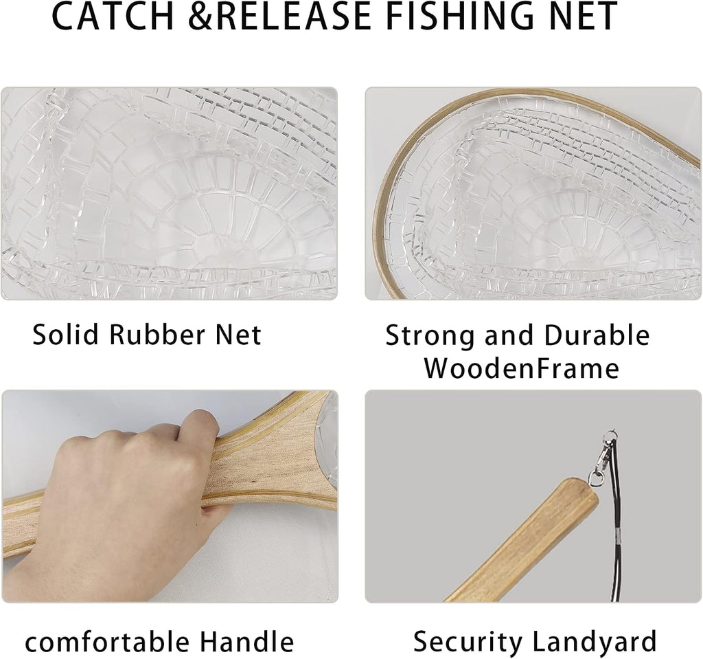Aventik Fly Fishing Landing Net for Trout Soft Rubber Ghost Mesh Catch and Release Wooden Frame Lightweight and Tangle-Free