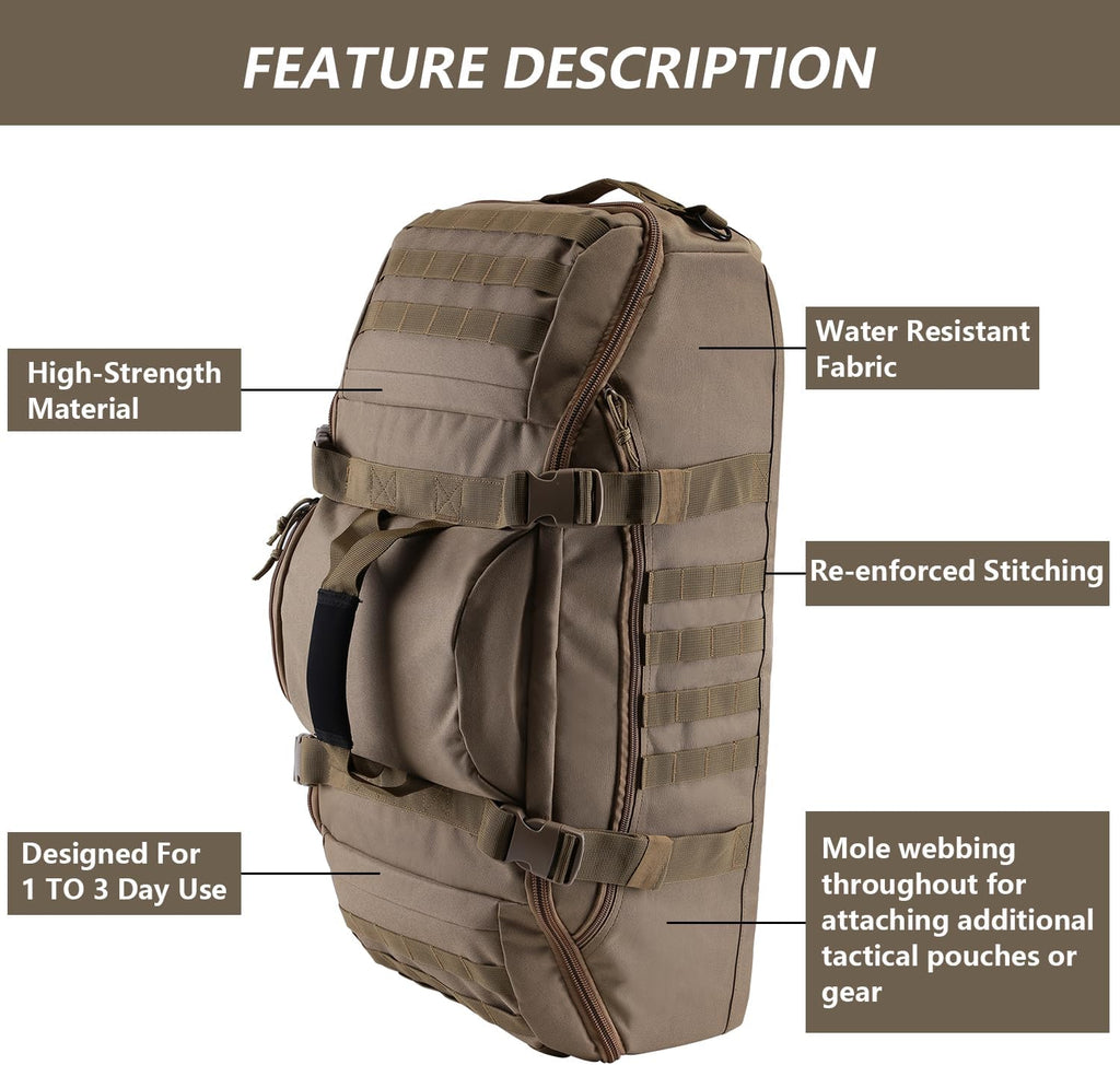 Hannibal Tactical 65L Large Duffle Bag, 3-in-1 Tactical Backpack MOLLE Pack for Sports, Gym, Outdoor, Coyote