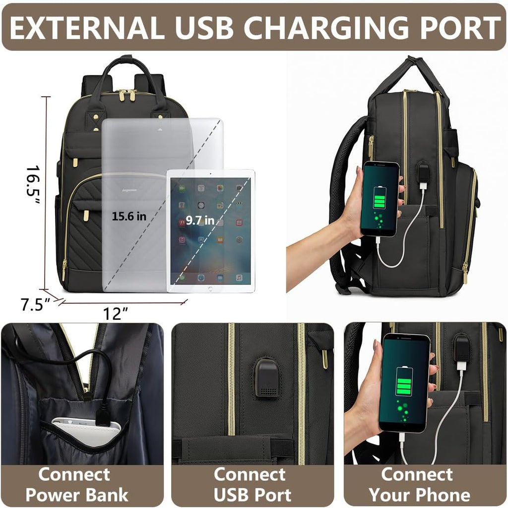 Laptop Backpack for Women Work Bag - 15.6 inch Black Travel Backpack College Backpack with USB Charger Business Office Back Pack for Teacher Casual Waterproof Bookbag for Nurses
