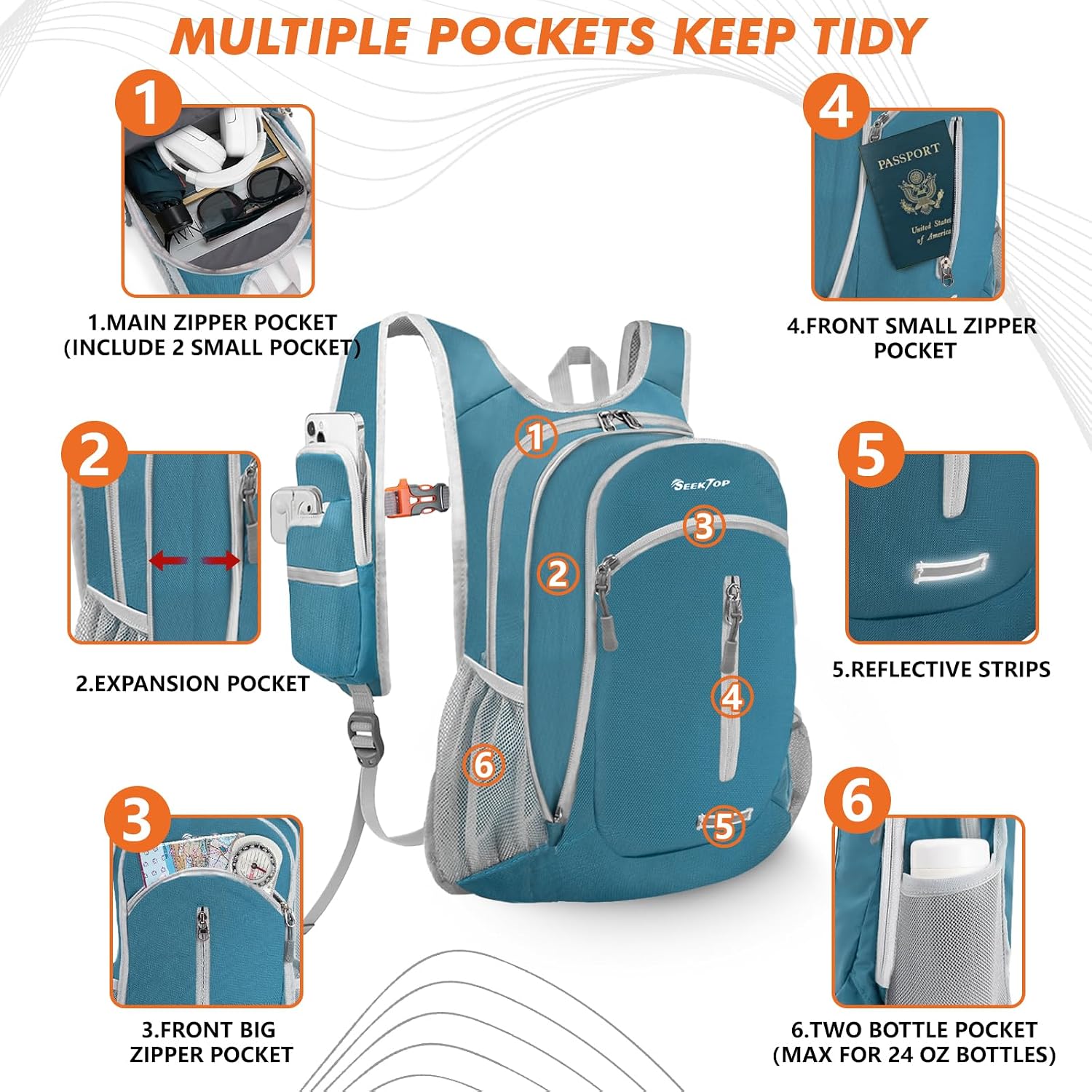 Seektop Small Hiking Backpack Expandable 12L-16L
