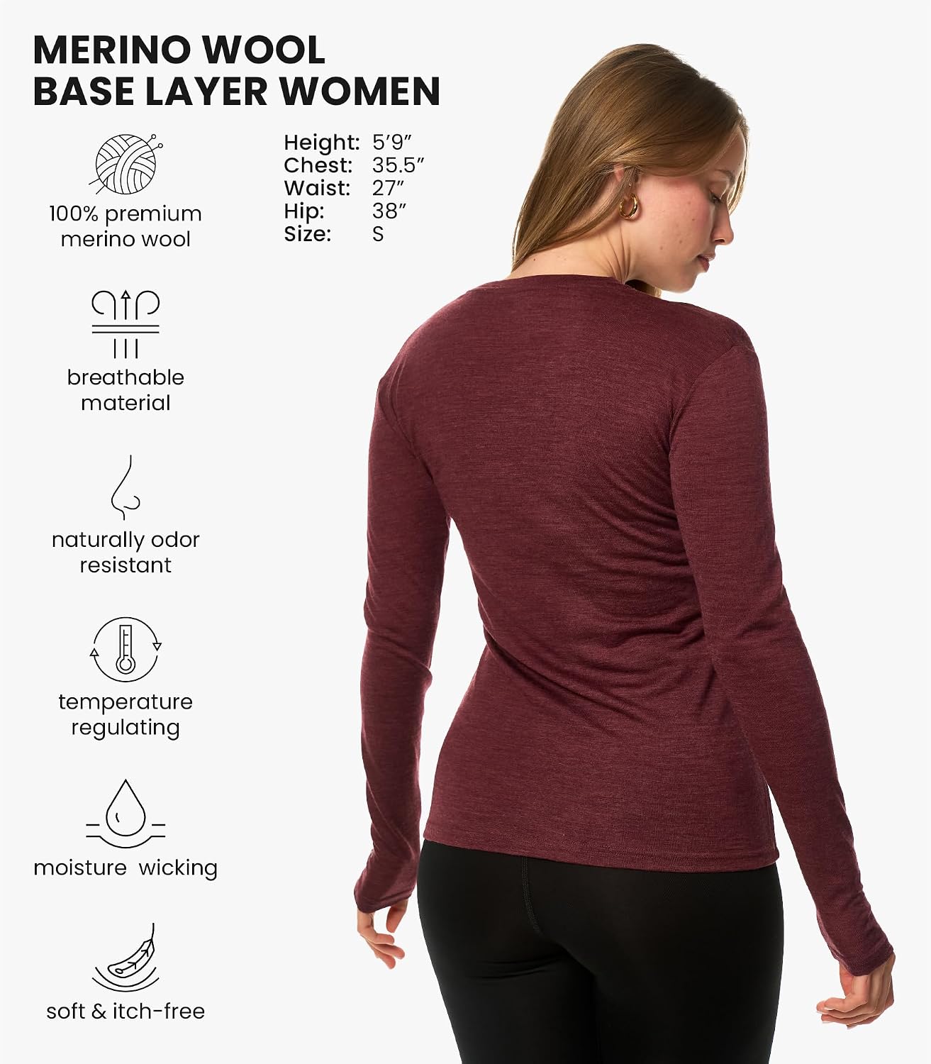 100% Merino Wool Base Layer Women - Thermal Merino Wool Shirt Women