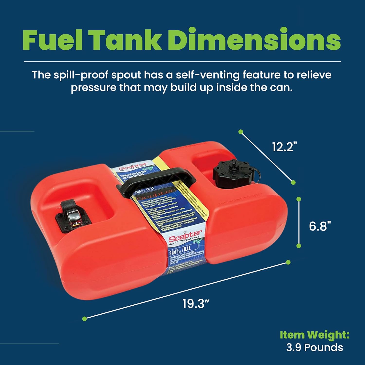 Scepter 3 Gallon Portable Marine Gas Can, Boat Fuel Tank, 2-Way Vented Cap, Built-In Fuel Gauge and Pick-Up, Top Handle, EPA & CARB Compliant, Underseat Design, 19.3"L x 12.2"W x 6.8"H (10506)