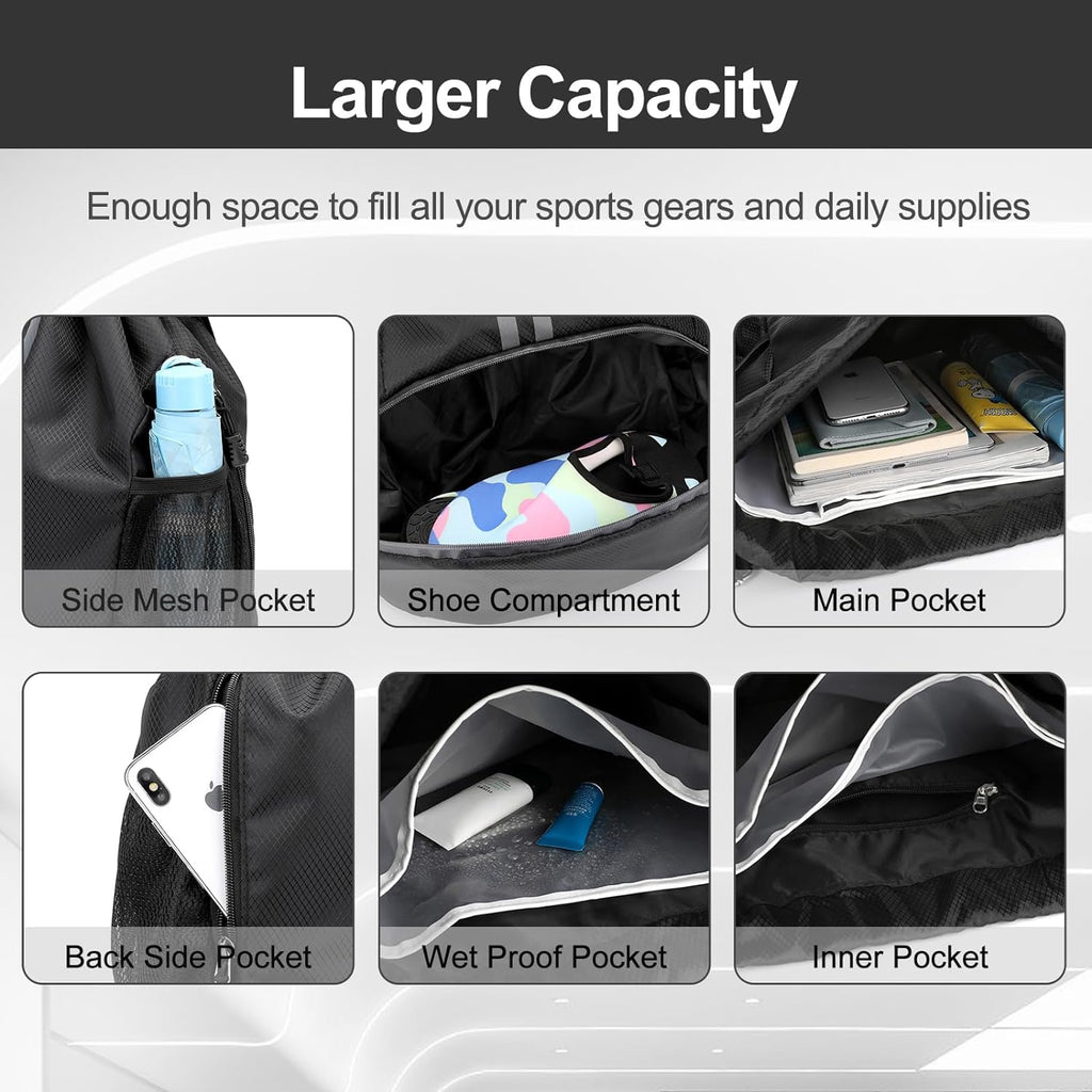 Hoedia Sports Drawstring Backpack - Swim Gym Bag for Women and Men