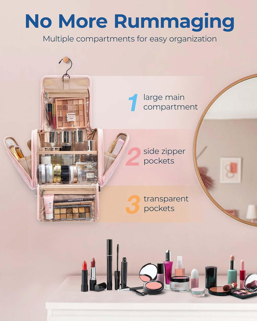 BAGSMART Makeup Bag for Women with Hanging Hook, Large Portable Capacity Water-resistant Organizer Travel Case for Toiletries and Cosmetics, Pink