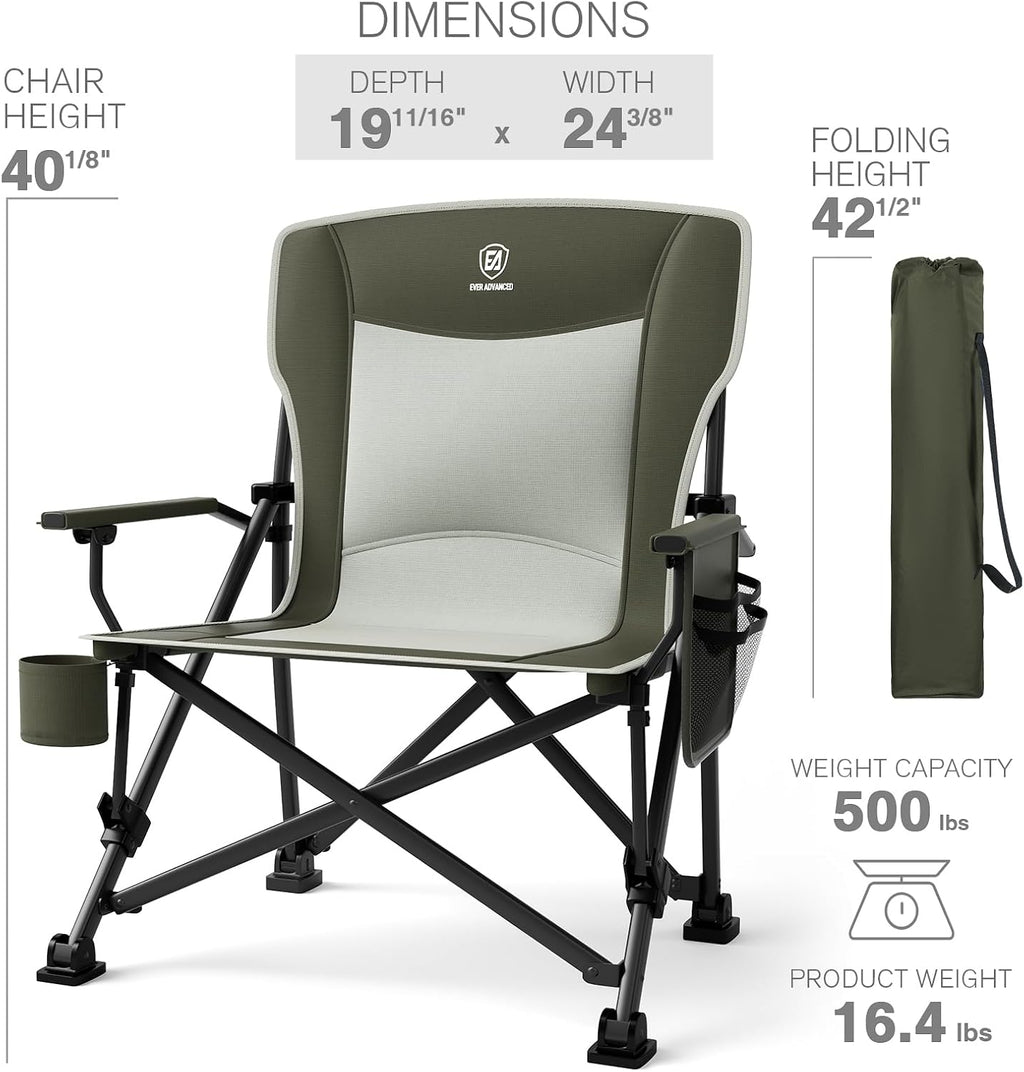 EVER ADVANCED Oversized Folding Camping Chair, for Adults Heavy Duty Lawn Chair with Side Pockets, Portable Collapsible Quad Chair for Outside, Support Up to 500lbs, Green