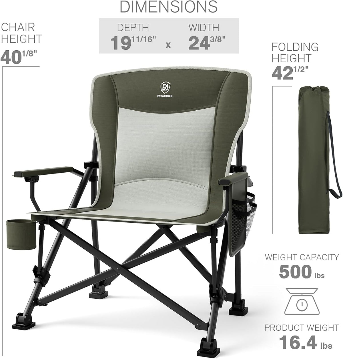 EVER ADVANCED Oversized Folding Camping Chair, for Adults Heavy Duty Lawn Chair with Side Pockets, Portable Collapsible Quad Chair for Outside, Support Up to 500lbs, Green