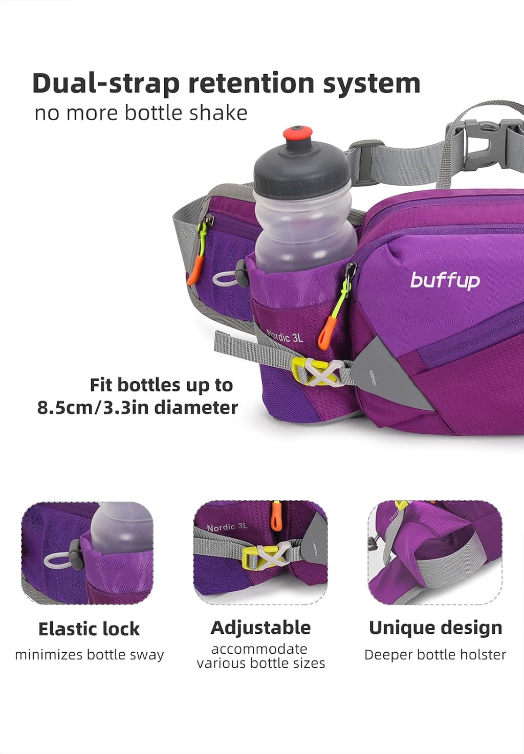 Lightweight Sports Fanny Pack with Bottle Holder,Waist Pack for Hiking,Running,Cycling & Outdoor Adventures (Purple)