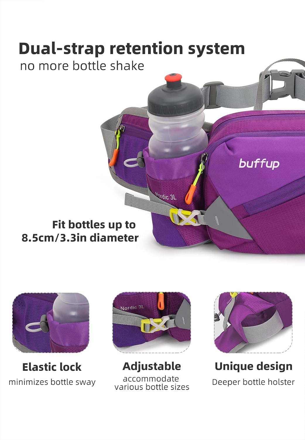 Lightweight Sports Fanny Pack with Bottle Holder,Waist Pack for Hiking,Running,Cycling & Outdoor Adventures (Purple)