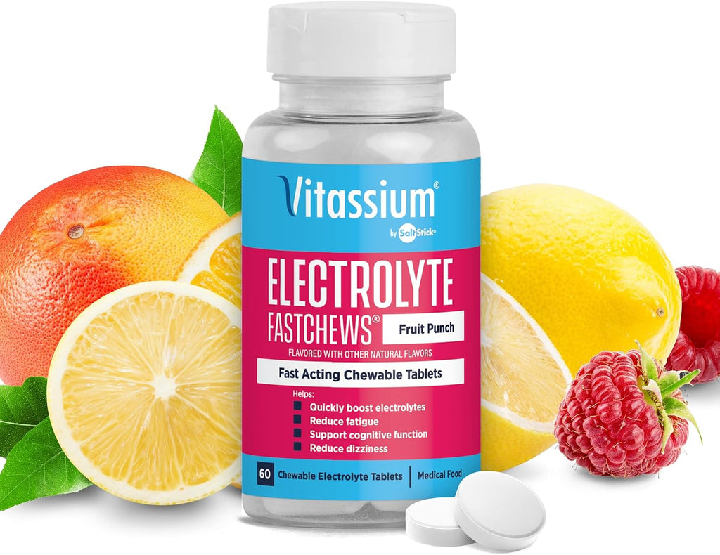 Vitassium FastChews, Chewable Electrolyte Tablets for Management of POTS and High Sodium Diets, Fast-Acting Sodium Tablets, Fruit Punch, 120 Count