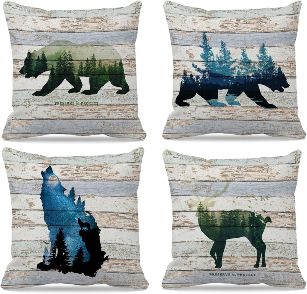 Camping Bear Themed 18″×18″ Throw Pillow Case Set of 4